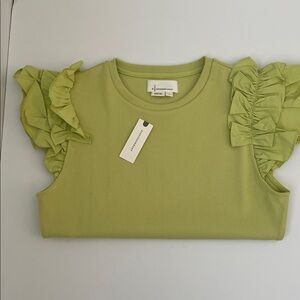 Anthropology Lime Green Short Sleeve Top with Ruffle Sleeves